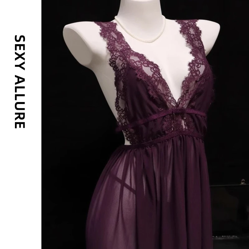 SEXY ALLURE 深紫色网红轻奢网纱睡衣性感睡裙纯欲风半透薄款