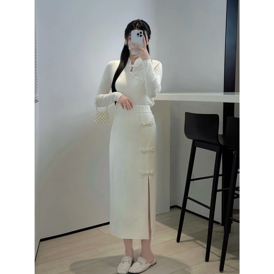 GX404 国风温婉大气盘扣开叉半身裙