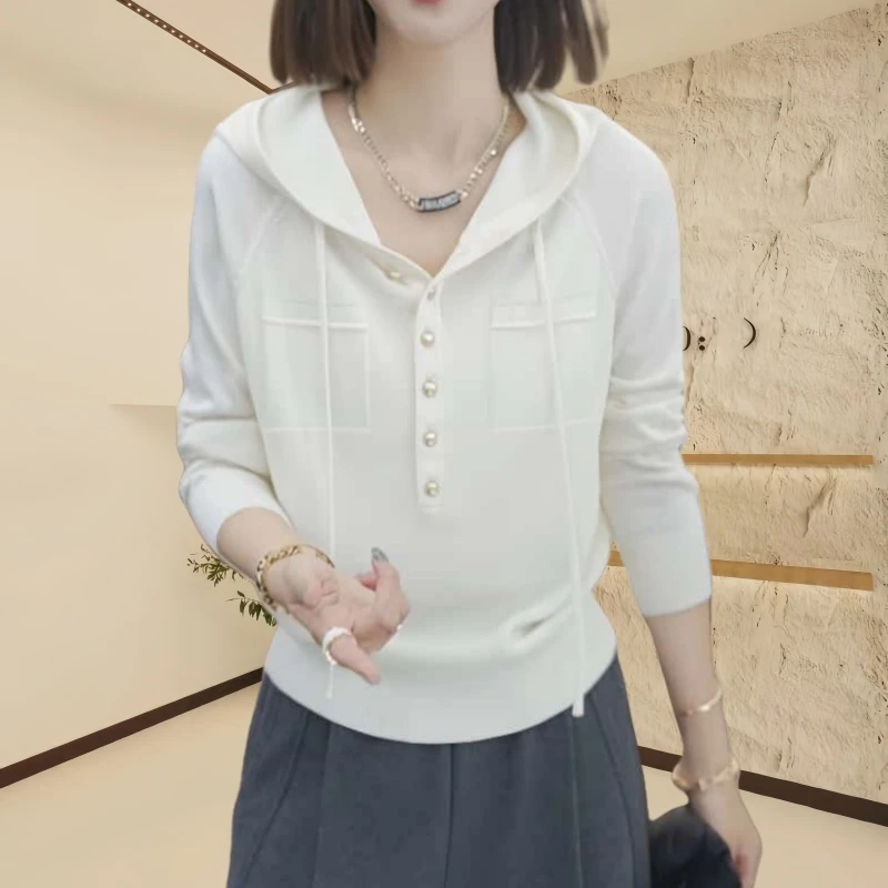 宽松半开领连帽针织衫上衣女2024秋时尚单排扣休闲百搭长袖小衫x