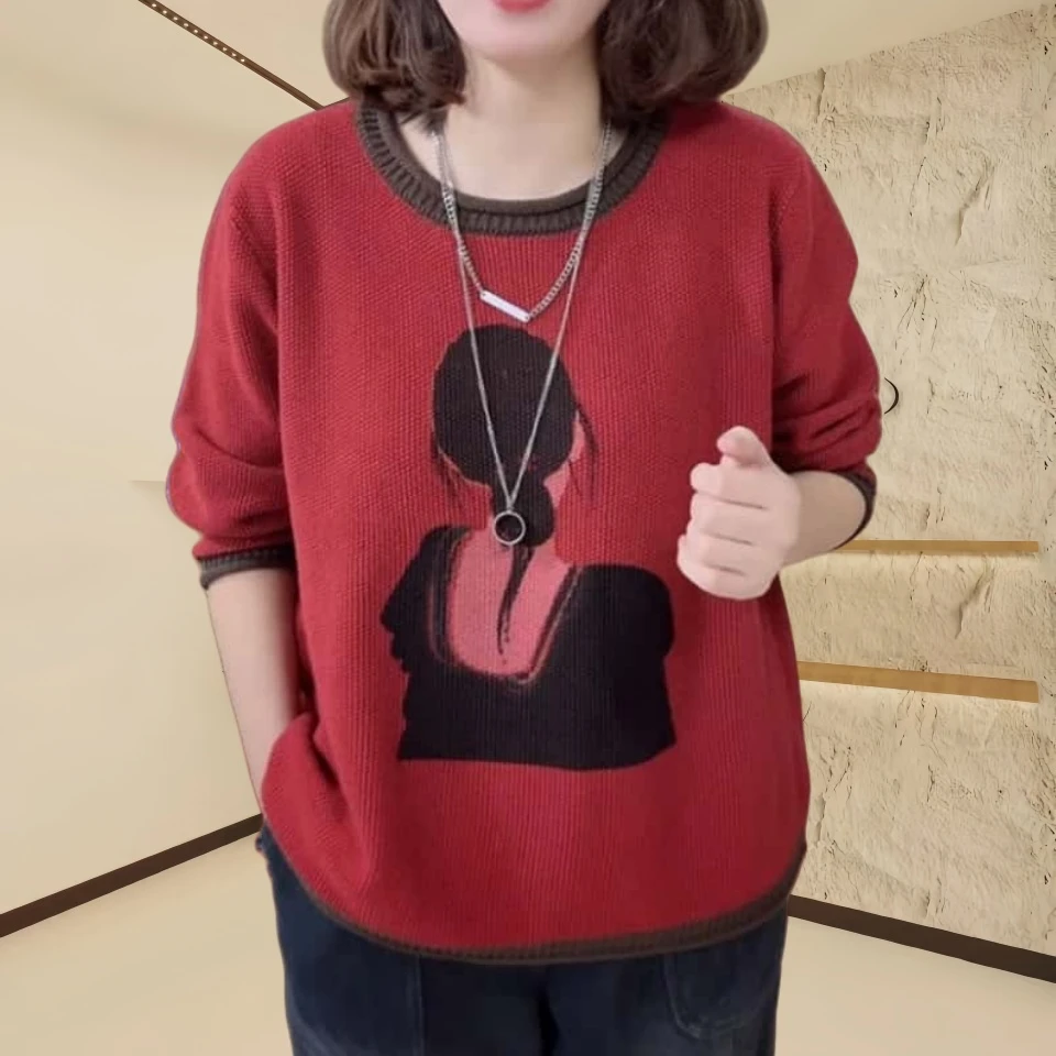 秋冬宽松撞色印花针织衫毛衣女士2024新款休闲加厚保暖打底衫上衣