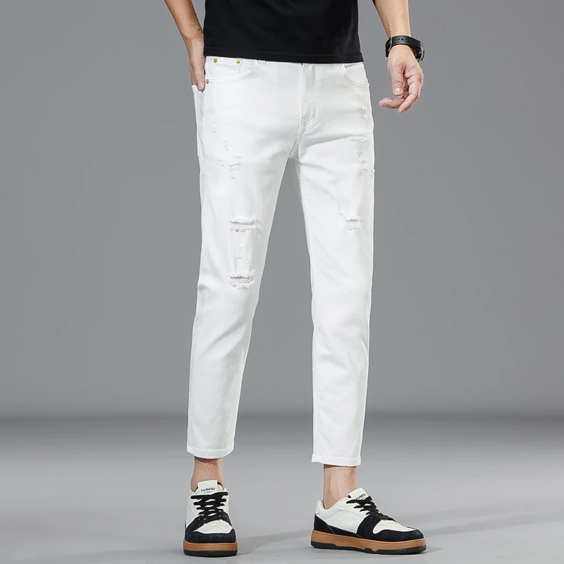 白色破洞八分裤夏季薄款男士牛仔裤修身休闲时尚潮流个性弹力8分