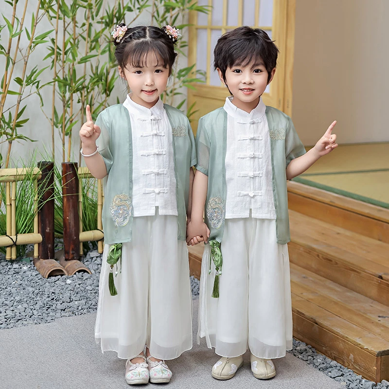 2023儿童夏季国风汉服套装古装男童女童复古古风薄款学生演出服