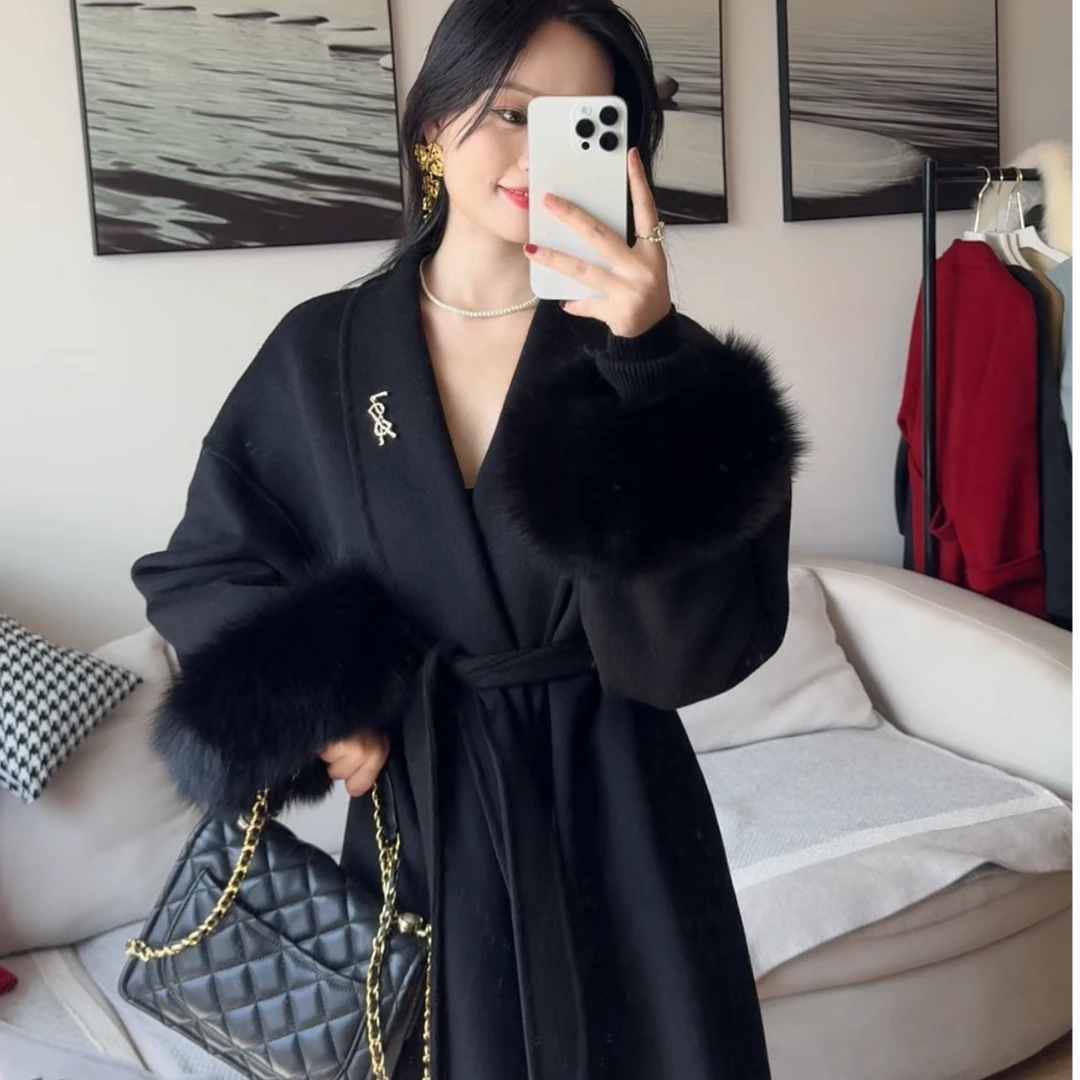 【东方瑰丽】24年秋冬新款双面100羊毛大衣外套袖口加大狐狸毛