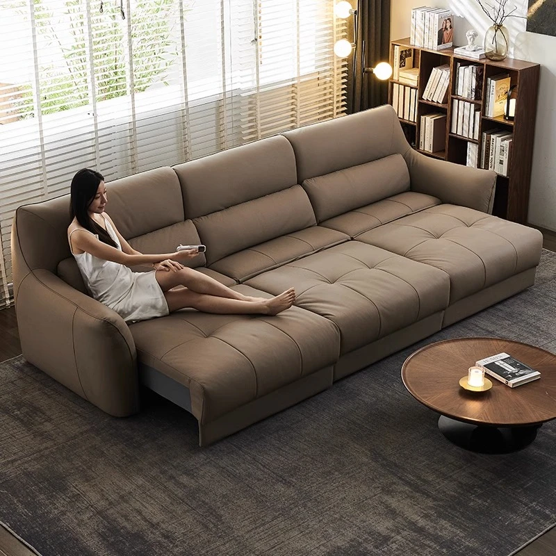 奶咖意式电动伸缩皮艺沙发客厅头层牛皮伸缩变形电动功能推床沙