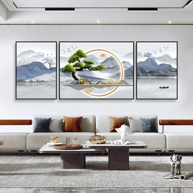 水墨字画三联画自粘壁画沙发背景墙纸装饰墙贴画餐厅饭厅墙上贴饰