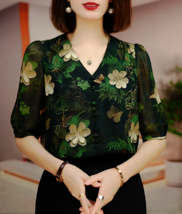 TG 新款上衣百搭时尚气质v领印花洋气经典高级