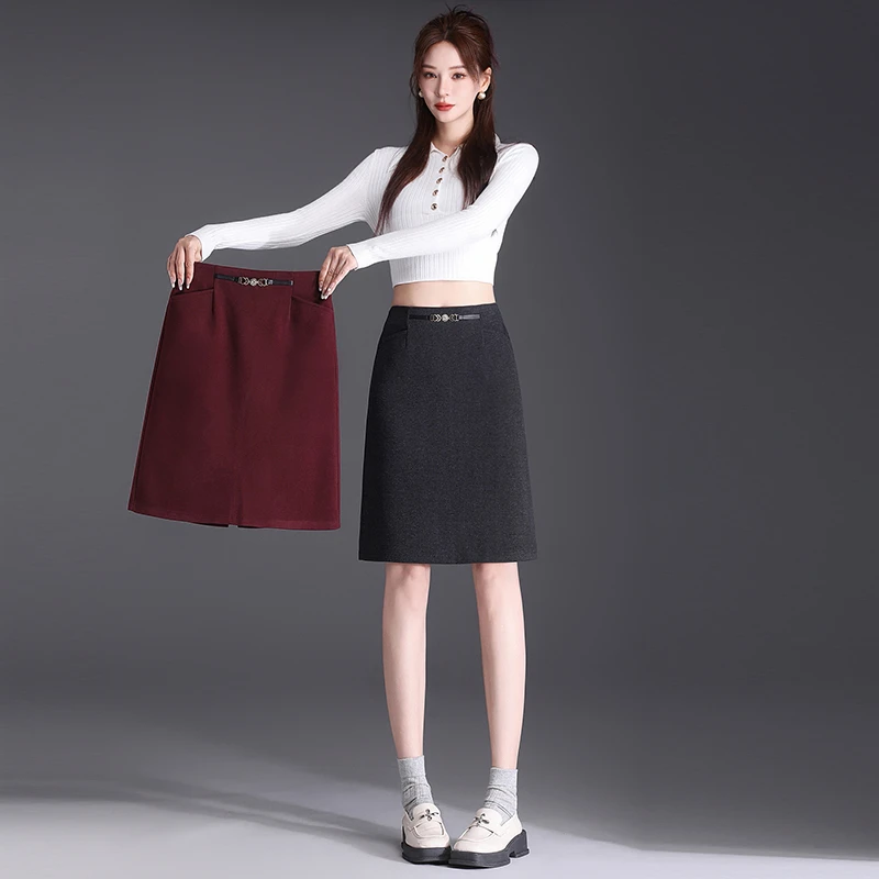 毛呢显瘦半身裙女新款秋冬季高腰a字中长款开叉一步包臀西装裙子