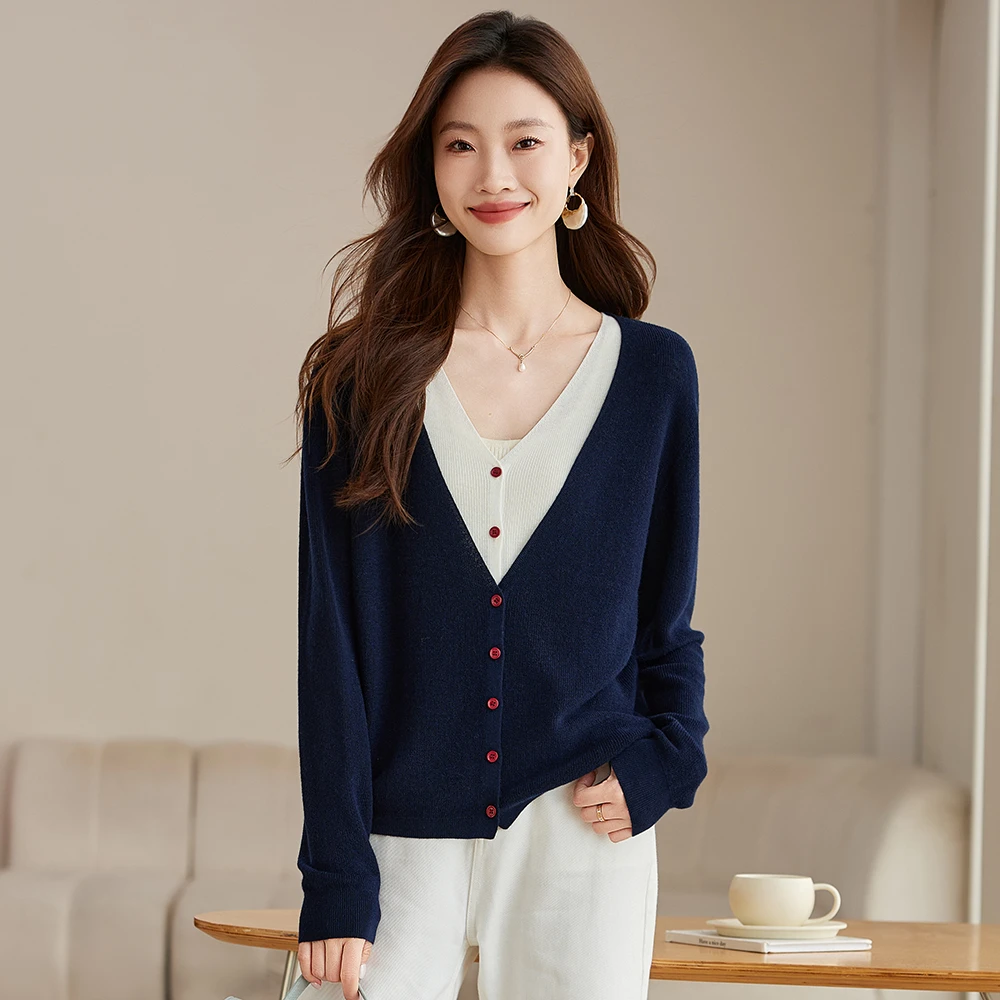 30%羊毛衫秋季假两件韩版百搭修身显瘦时尚拼色V领针织衫长袖上衣