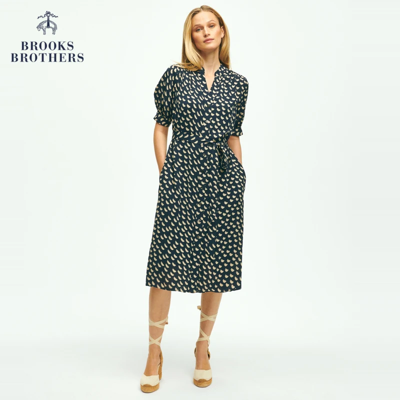 Brooks Brothers/布克兄弟女士春夏新款V领鸟图案单排扣连衣裙