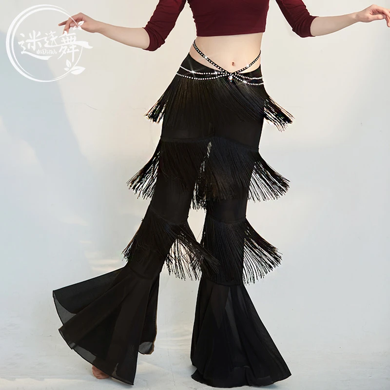 midiewu/迷迭舞原创肚皮舞裤子2023春夏新款练功裤流苏喇叭裤长裤