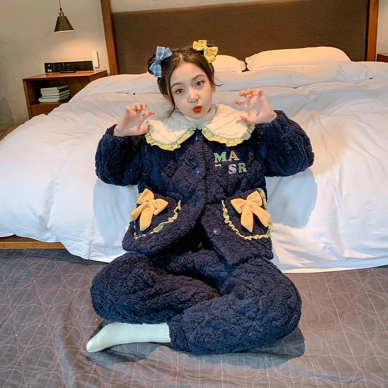 女童睡衣珊瑚绒冬季大童款夹棉加厚三层保暖法兰绒套装童装家居服