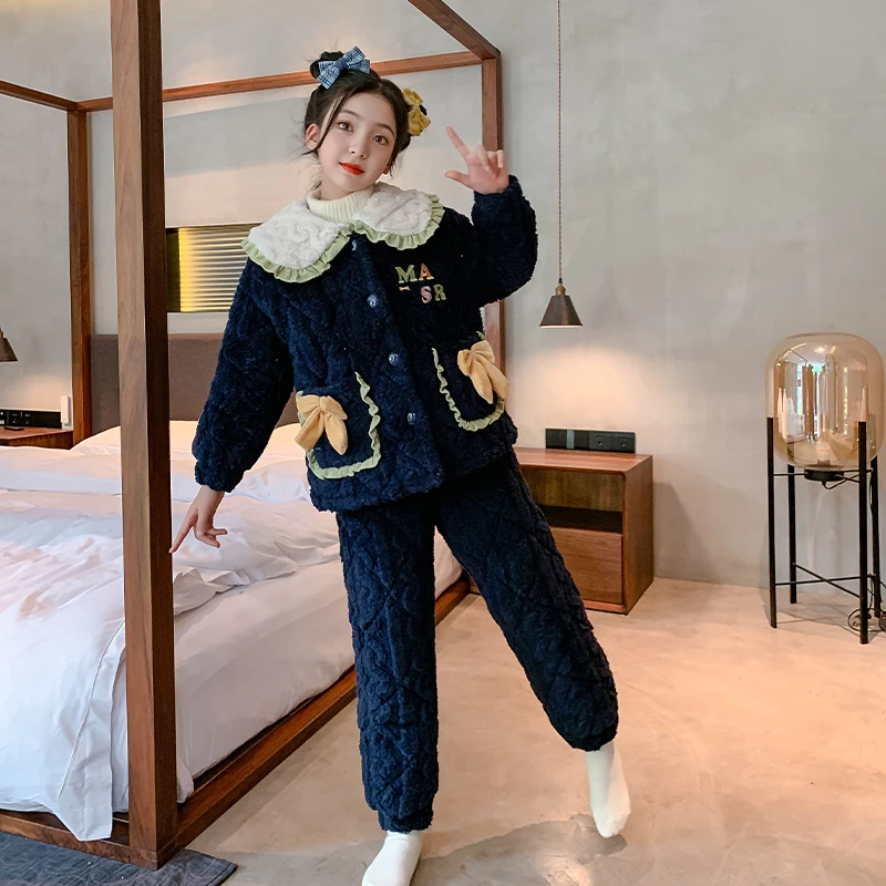 女童睡衣珊瑚绒冬季大童款夹棉加厚三层保暖法兰绒套装童装家居服
