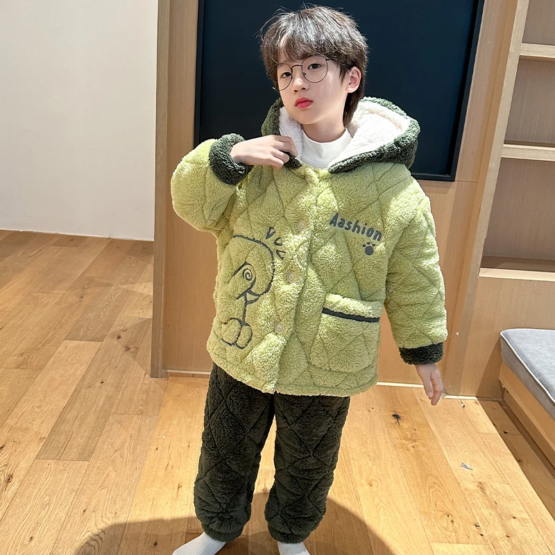 【断码轻仓】儿童睡衣冬款爆款男童珊瑚绒夹棉加厚三层保暖家居服