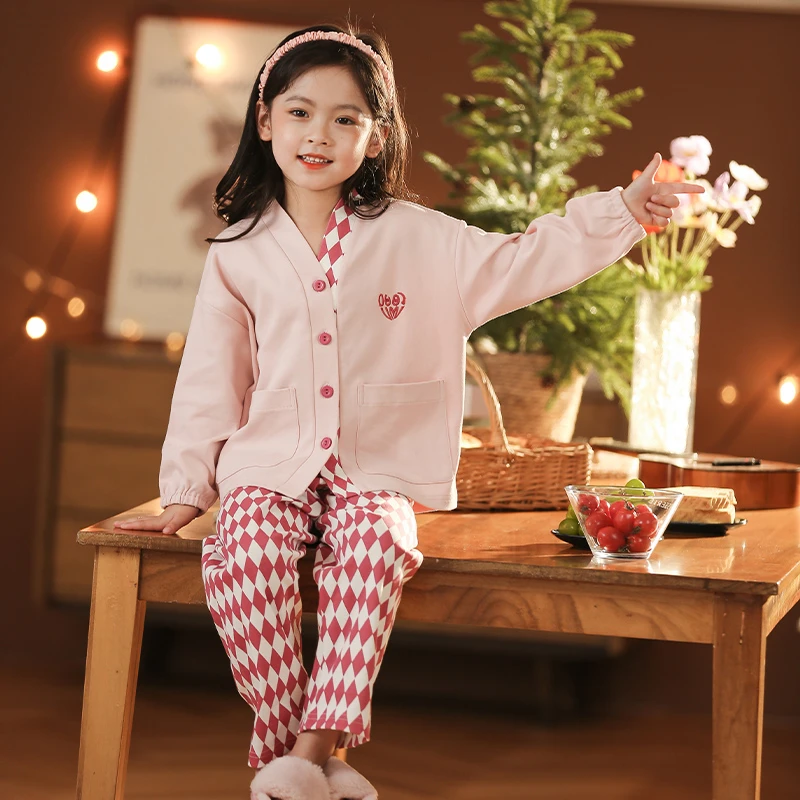 【哆鹿专享】女童睡衣长袖长裤套装纯棉休闲简约大气小女孩家居服