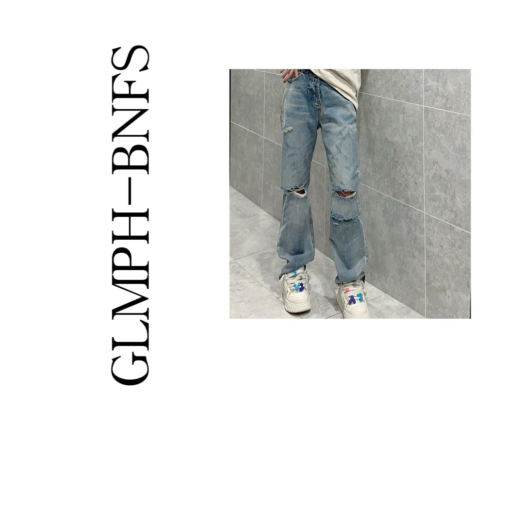 GLMPH-BNFS【破洞裤】水洗宽松直筒裤百搭破洞美式牛仔长裤-195