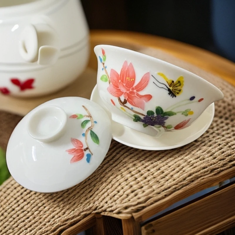 早期瓷器浮雕粉彩盖碗三才盖碗浮雕盖碗粉彩盖碗容量130毫升