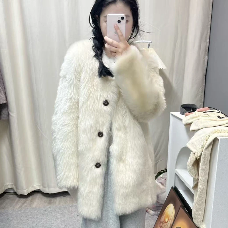 圆领直毛皮毛一体皮草外套