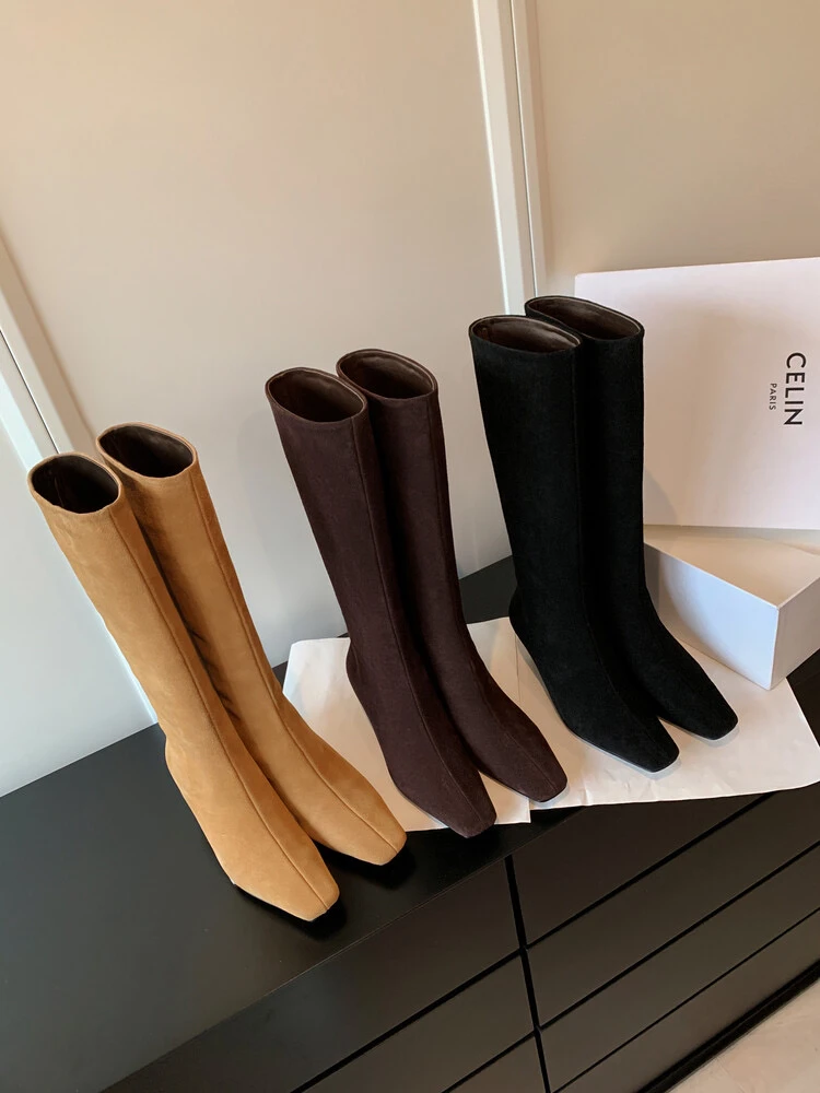 阿丽塔女鞋~5.5cm秋冬百搭时尚长靴简约气质直筒靴方头猫跟长筒靴