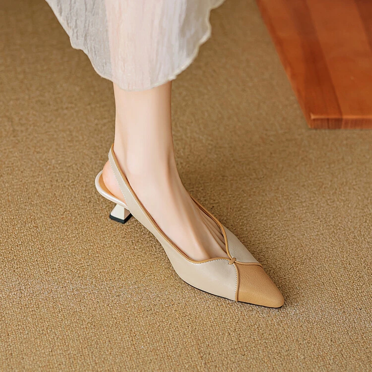 阿丽塔~5cm夏季时装凉鞋法式尖头中跟气质百搭浅口复古拼色女鞋