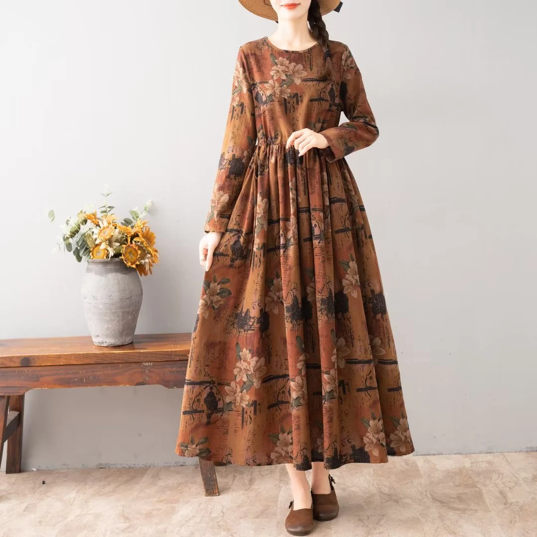 长款亚麻长袖连衣裙春秋季文艺女装民族风显瘦长裙子大摆裙9245