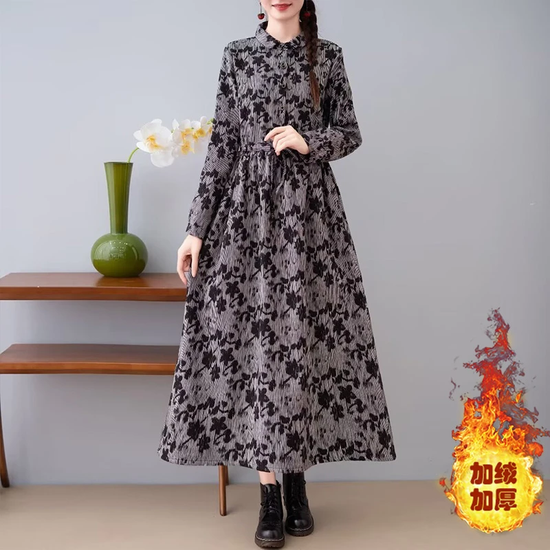 加绒加厚长款连衣裙秋冬季文艺女装显瘦翻领长裙子大摆裙41