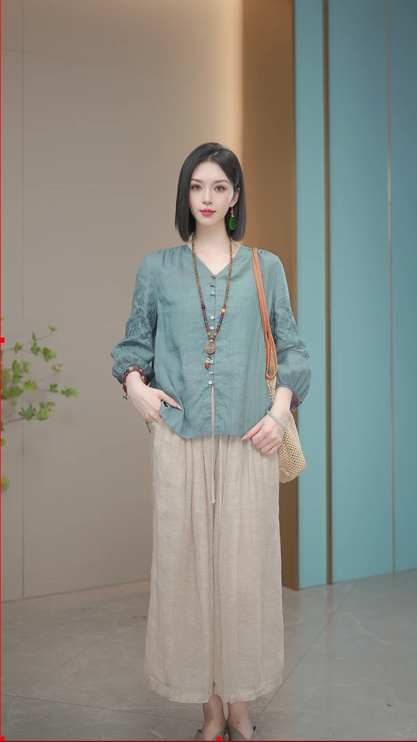 100%苎麻时空集春季欧若风新款双面穿莨麻工艺万针刺绣衬衫1038~