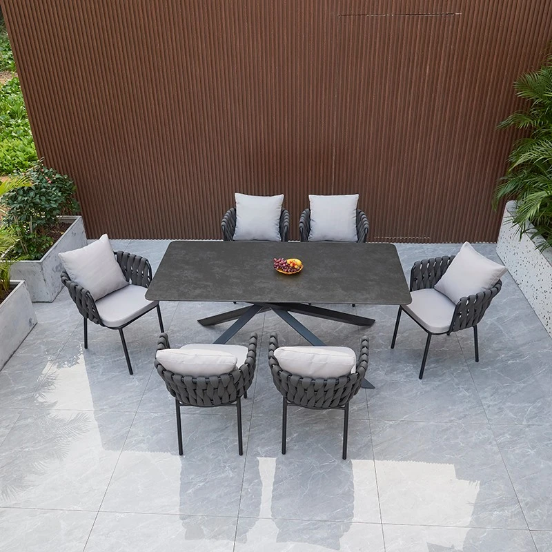 北欧户外桌椅庭院阳台藤编烧烤餐桌不锈钢绳编休闲岩板茶桌椅组合