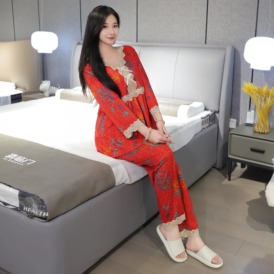 秋冬德绒睡衣女套装大码家居服高弹宽松舒适遮肉显瘦豹纹九分袖