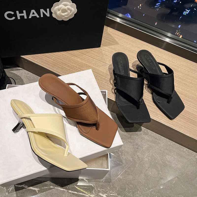 网红百搭方头夹趾凉拖女夏外穿仙女风时尚高跟细跟凉鞋女人字拖鞋