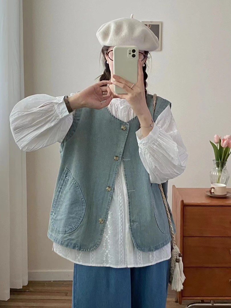 复古文艺森系牛仔马甲女秋季新款宽松休闲百搭减龄叠穿背心马夹女