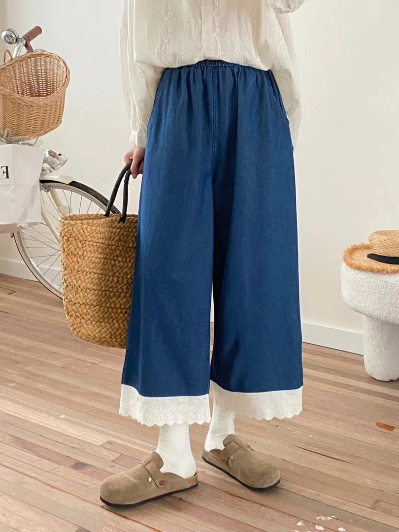 夏季新宽松显瘦百搭阔腿直筒蕾丝女装牛仔裤女森系洋气少女设计