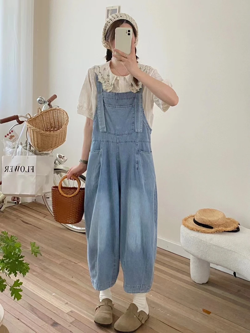 夏季减龄复古牛仔背带裤宽松显瘦元气穿搭休闲森系