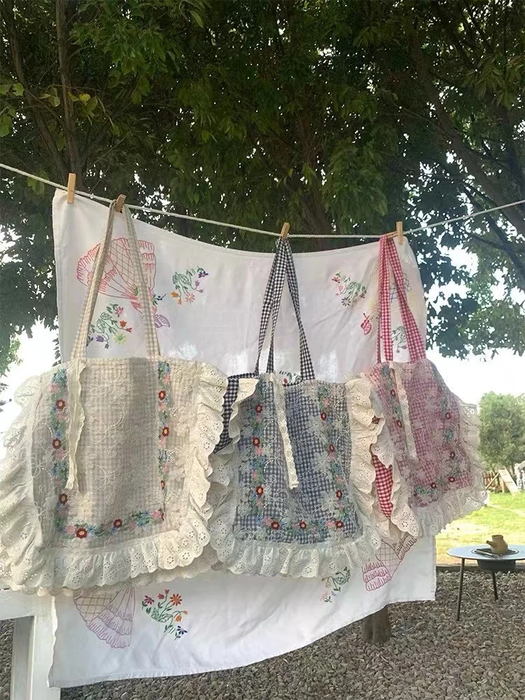 格纹蕾丝花边刺绣棉麻单肩帆布包女夏新款斜跨布包女包少女日系