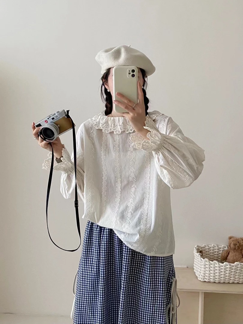 日系双层蕾丝领子刺绣棉布长袖衬衫宽松甜美小衫WL胸围124衣长62