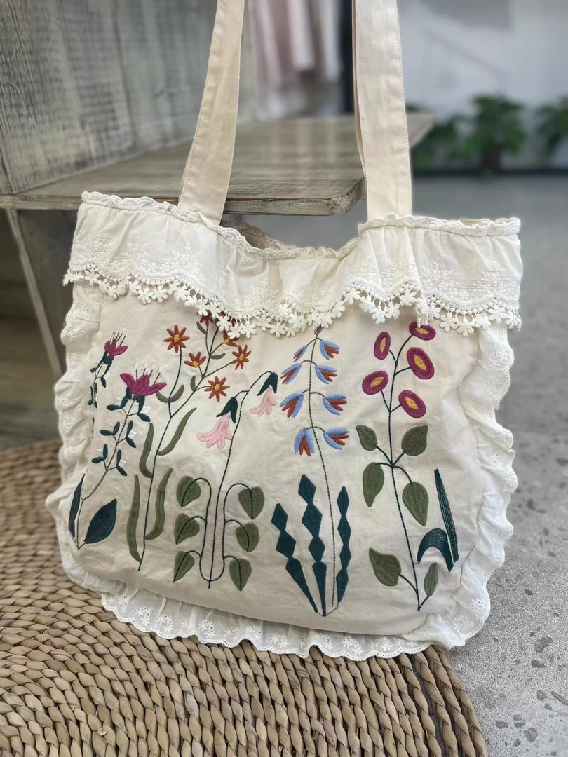 刺绣花边棉麻布包单肩手提大容量文艺森系百搭小仙女必搭单品