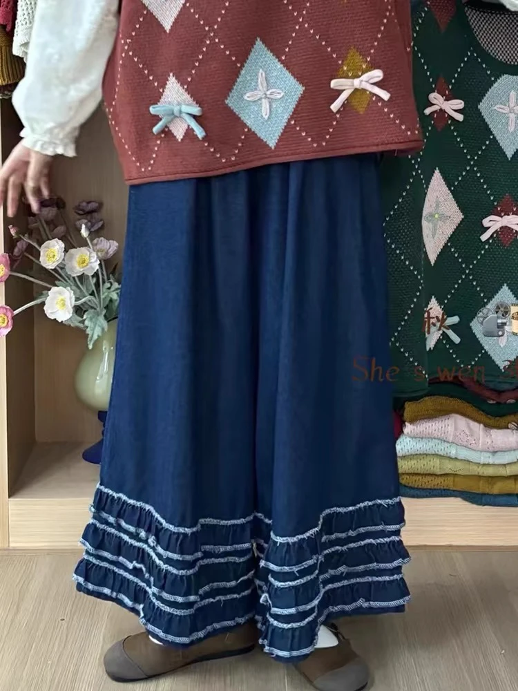 日系森女简约松紧腰减龄甜美压褶阔腿裤女水洗微喇高腰牛仔裤子