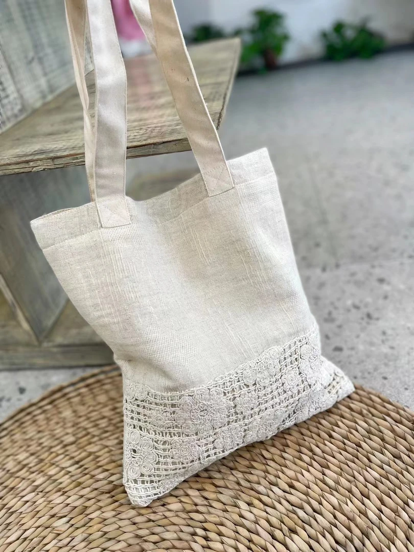 新中式禅意帆布包小众贴布提花单肩包白色帆布袋森系棉麻小众个性