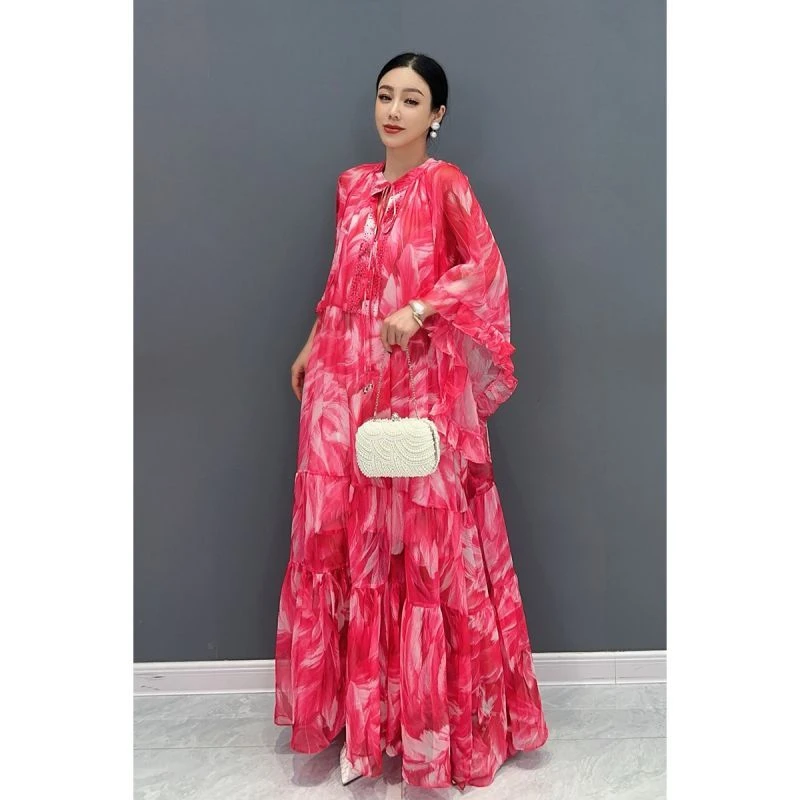 娜2025夏新款女士连衣裙雪纺印花中袖大摆长裙时尚优雅休闲女