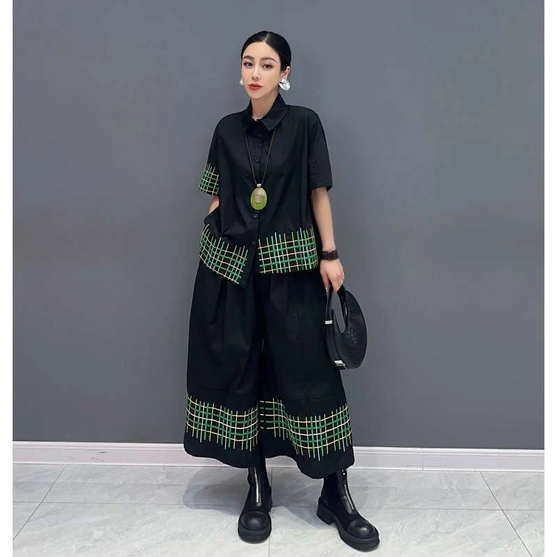 2025夏季款套装短袖拼色不规则衬衫阔腿裤两件套时尚优雅通勤女