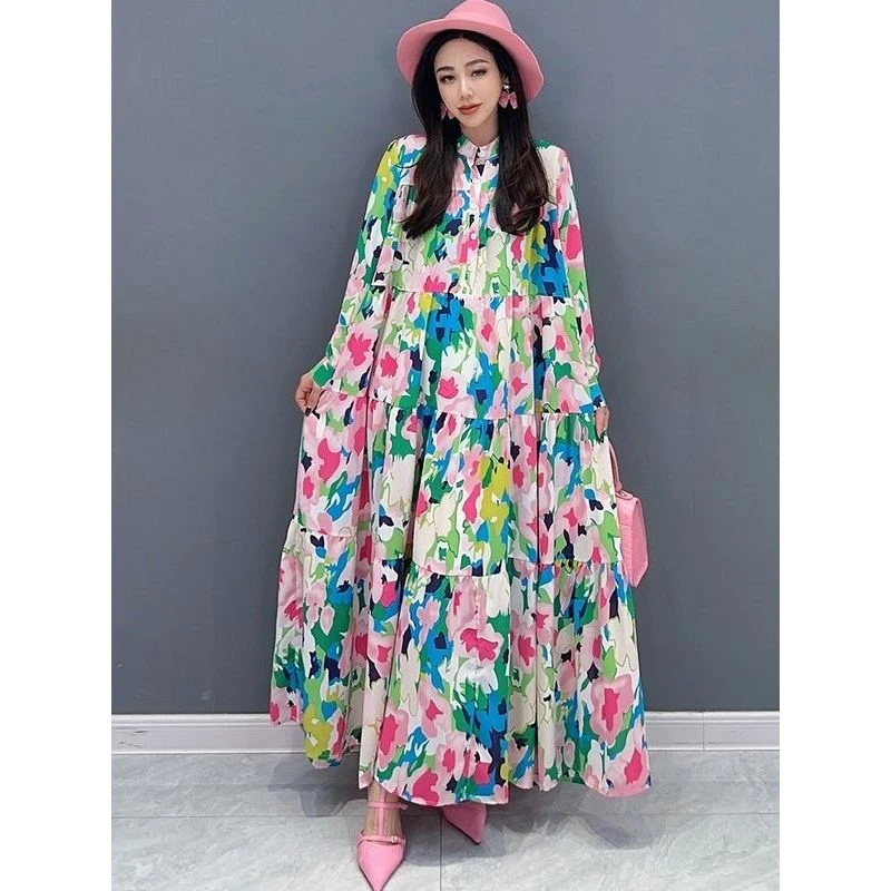 娜2025夏新款长连衣裙印花大摆裙长袖宽松休闲遮肉大码时尚女装