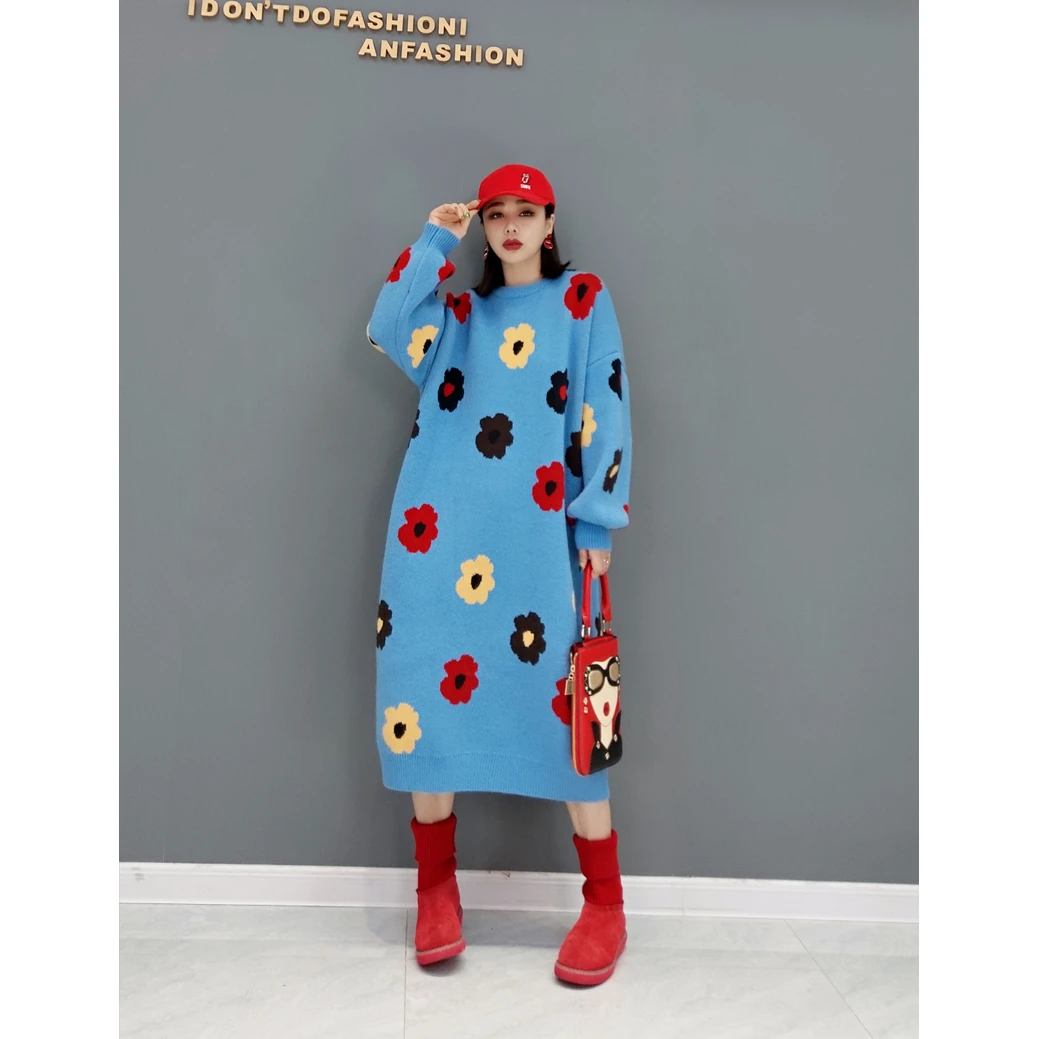 2024秋季新款时尚连衣裙加厚休闲毛衣中长款女装潮针织衫保暖女