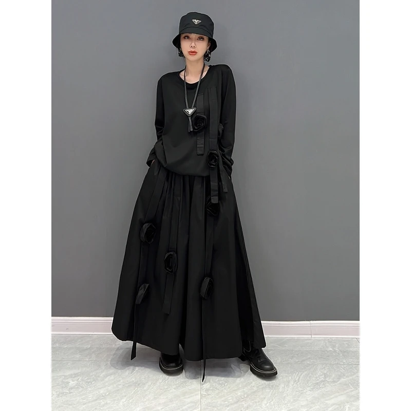 2025夏季新款长袖上衣大摆裙裤两件套宽松大码潮女气质显瘦时尚