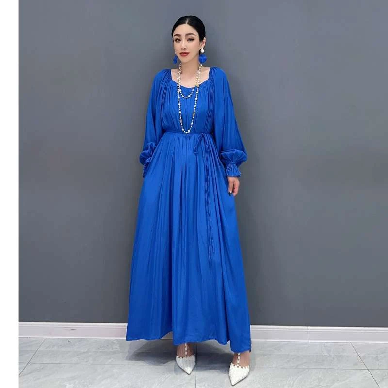 2025夏季新款女士雪纺连衣裙长袖系带收腰大摆长裙优雅淑女装