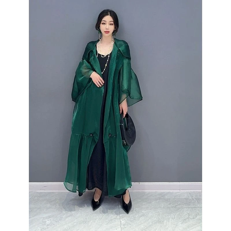 娜夏季新款欧根纱华丽连衣裙薄款长开衫风衣大码百搭防晒外套女