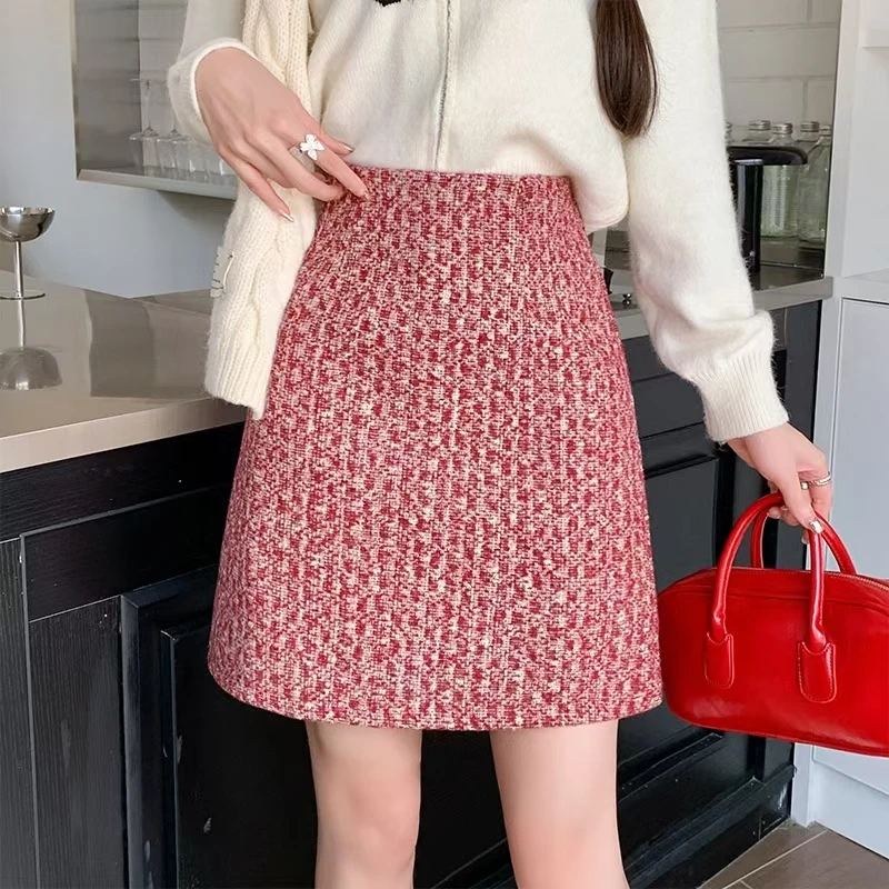 小香风毛呢2024秋冬新款复古格子高腰包臀短裙A字半身中长裙8199