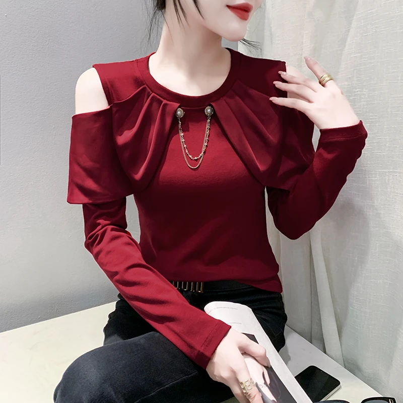 欧货时尚设计感长袖打底衫女2025年秋装气质圆领修身拼接露肩T恤