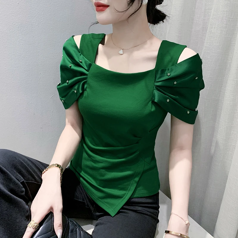 时尚露肩设计感短袖T恤女2025新款气质女人味修身显瘦方领上衣潮