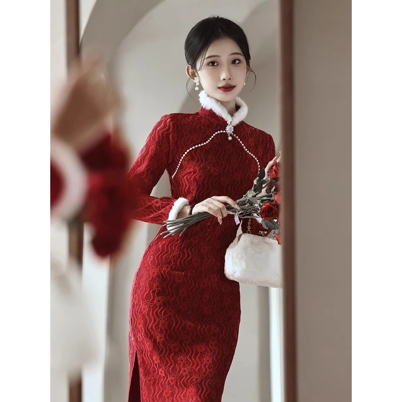红色旗袍冬季加绒加厚新娘敬酒服喜妈妈年轻长款礼服新中式连衣裙