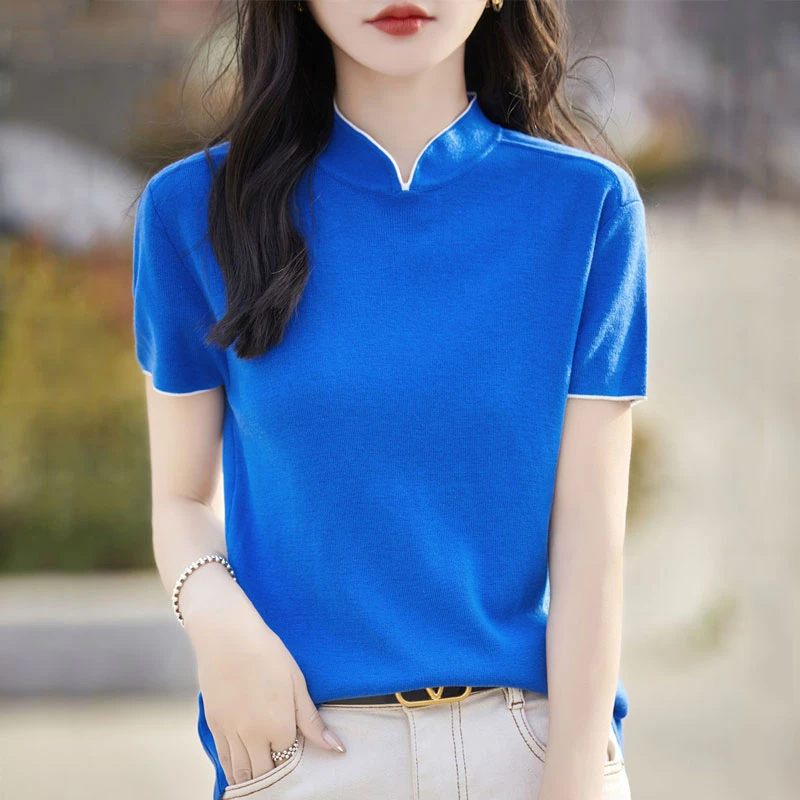 【气质女神】夏季设计感旗袍领轻国风0触感面料时尚百搭短款短袖847