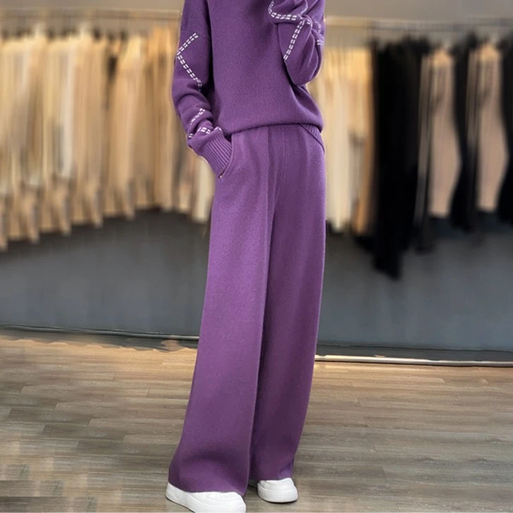 秋冬款简约百搭松紧腰平面纯羊毛针织阔腿裤时尚休闲气质2304